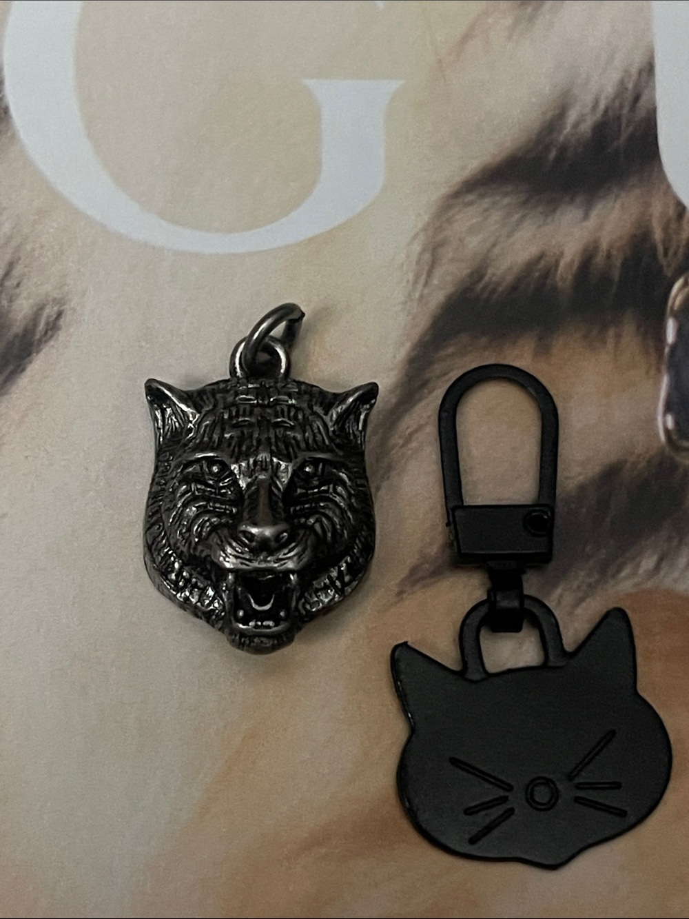 Cat & Tiger Face Metal Charm/pendant - Silver and Black